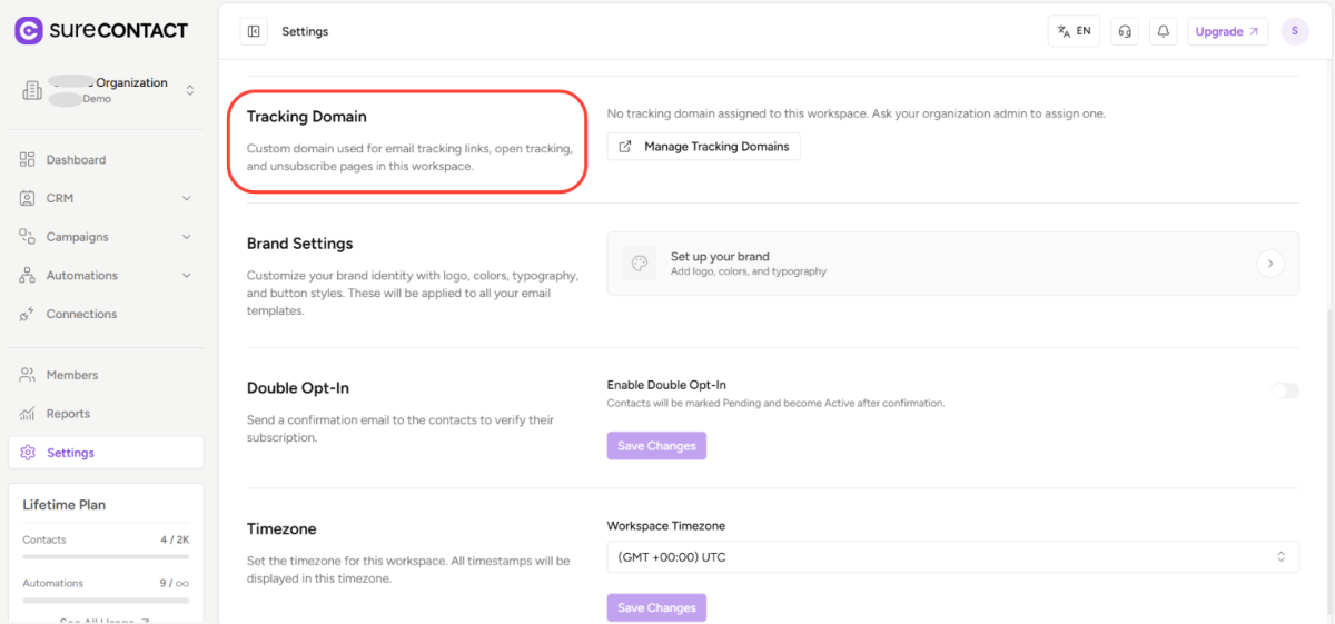How to Add a Custom Tracking Domain in a Workspace in SureContact copy of zight 2026 2 24 at 2.05.21 pm