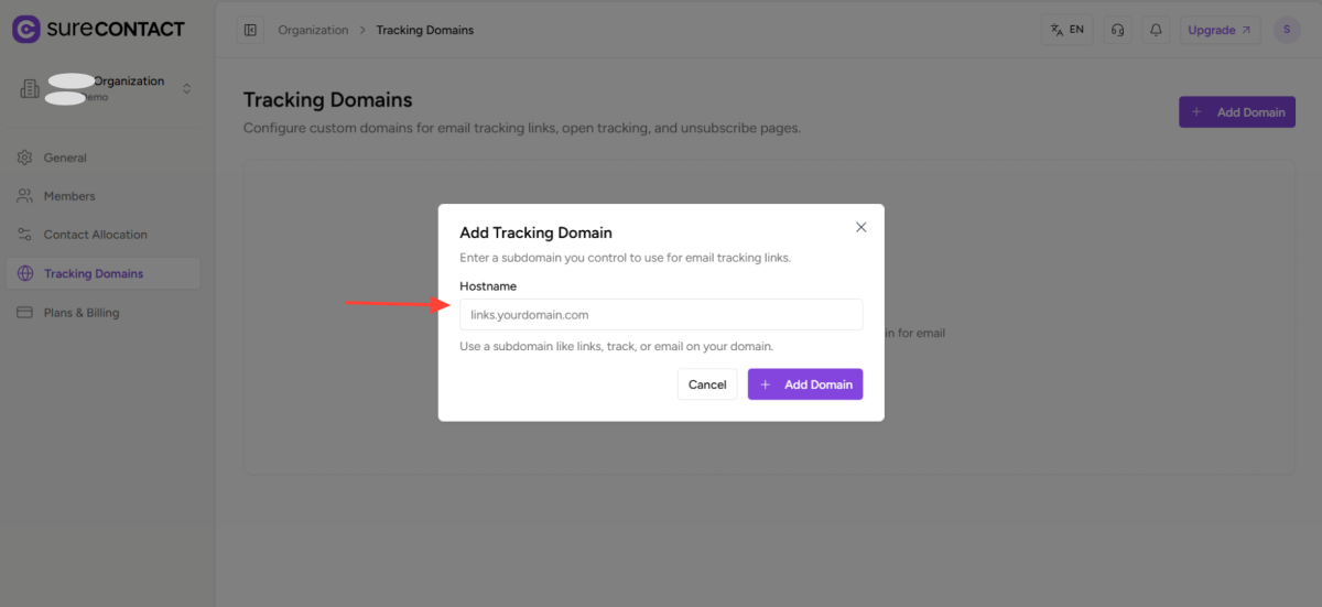 How to Add a Custom Tracking Domain in a Workspace in SureContact copy of zight 2026 2 24 at 2.09.47 pm