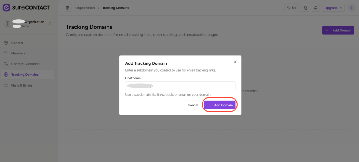 How to Add a Custom Tracking Domain in a Workspace in SureContact copy of zight 2026 2 24 at 2.13.25 pm