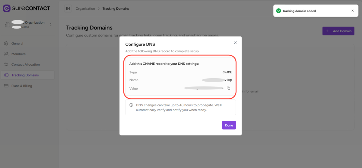 How to Add a Custom Tracking Domain in a Workspace in SureContact copy of zight 2026 2 24 at 2.15.25 pm