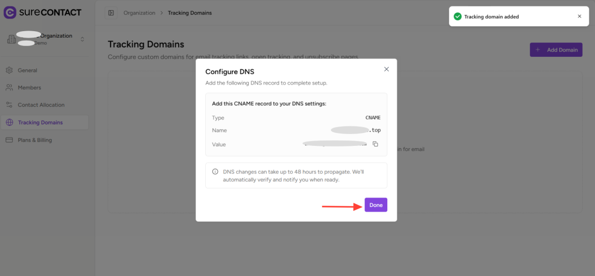 How to Add a Custom Tracking Domain in a Workspace in SureContact copy of zight 2026 2 24 at 2.19.41 pm