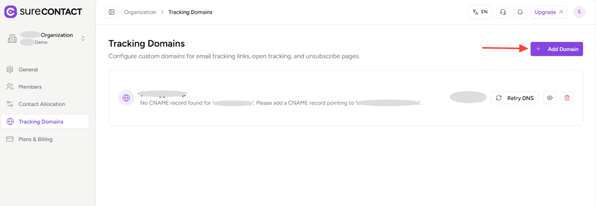How to Add a Custom Tracking Domain in a Workspace in SureContact copy of zight 2026 2 24 at 2.37.18 pm
