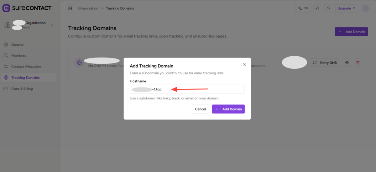 How to Add a Custom Tracking Domain in a Workspace in SureContact copy of zight 2026 2 24 at 2.39.27 pm