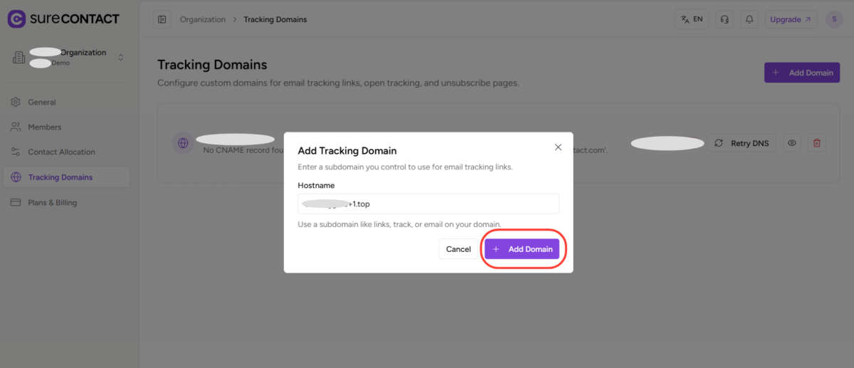 How to Add a Custom Tracking Domain in a Workspace in SureContact copy of zight 2026 2 24 at 2.41.16 pm