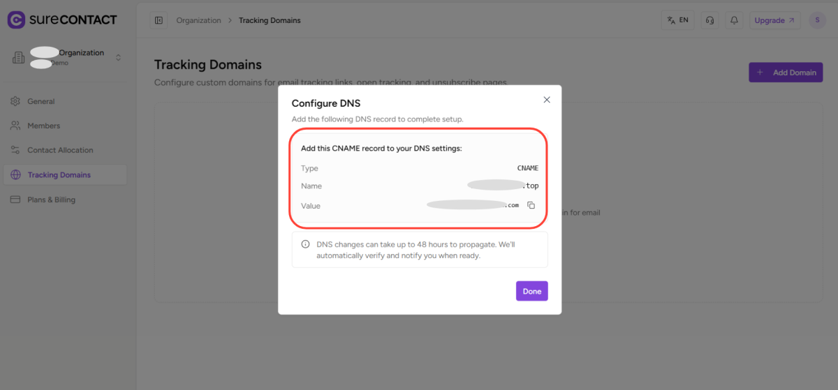 How to Add a Custom Tracking Domain in a Workspace in SureContact copy of zight 2026 2 24 at 3.24.09 pm