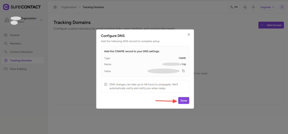 How to Add a Custom Tracking Domain in a Workspace in SureContact copy of zight 2026 2 24 at 3.25.50 pm