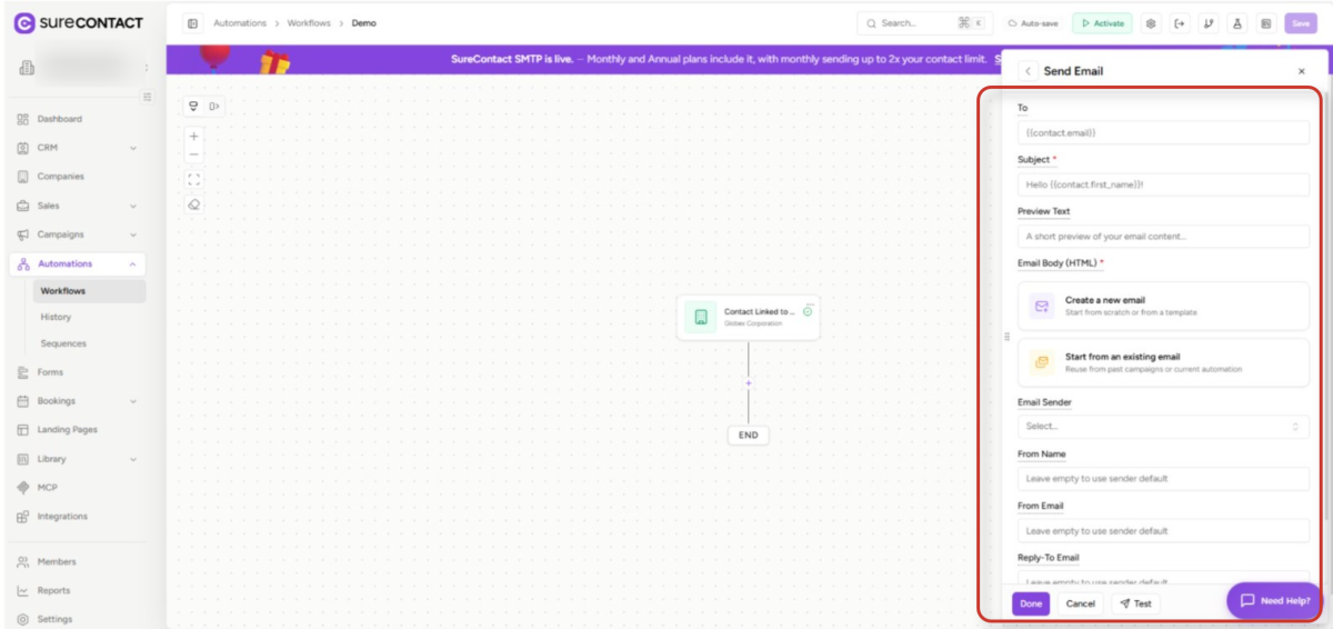 automated email workflow configuration interface