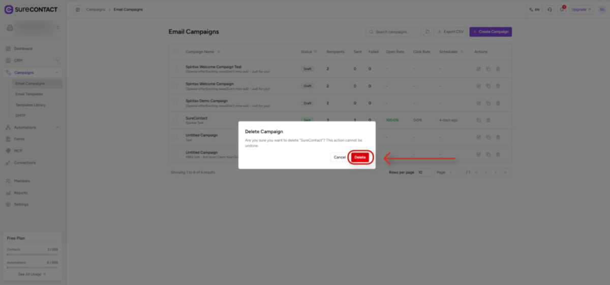 Deleting Sent Campaigns in SureContact confirm delete campaign pop up on email marketing platform