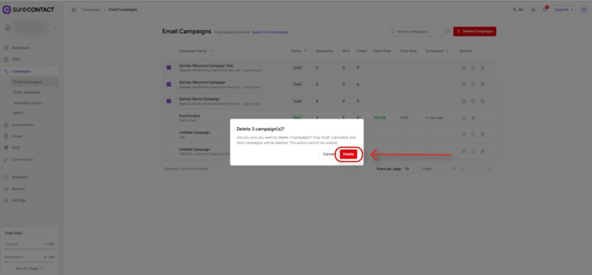 Deleting Sent Campaigns in SureContact email campaign management interface with deletion confirmation