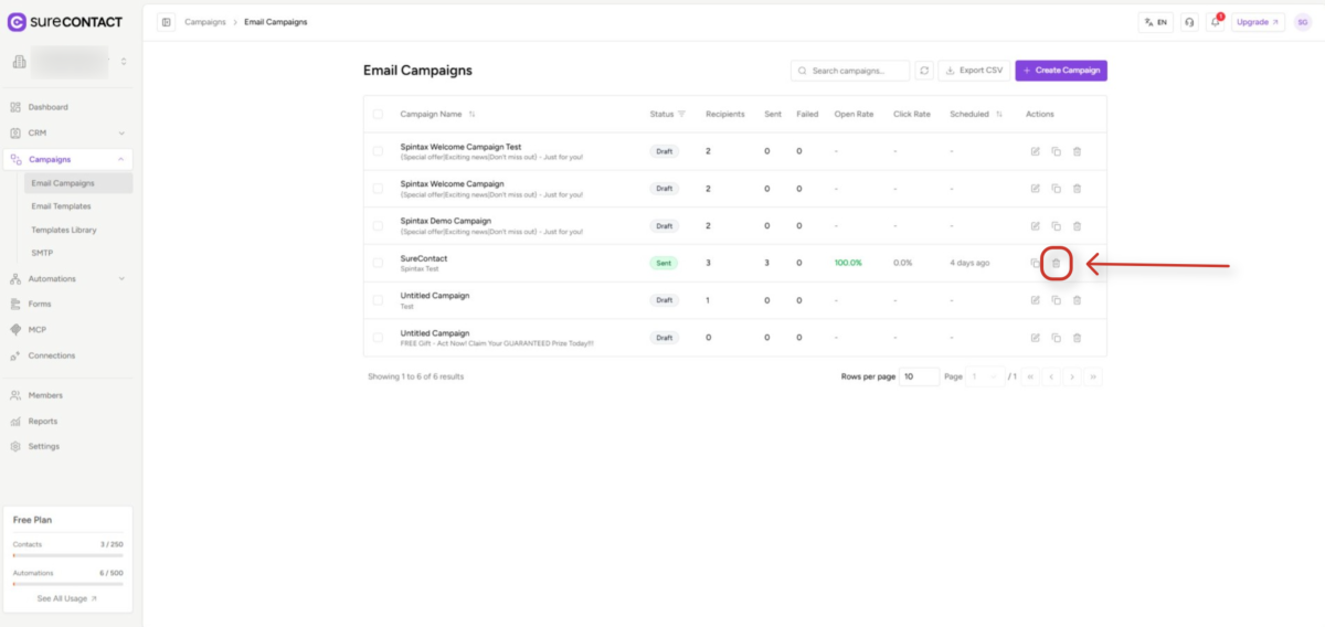 Deleting Sent Campaigns in SureContact email campaigns dashboard (1)
