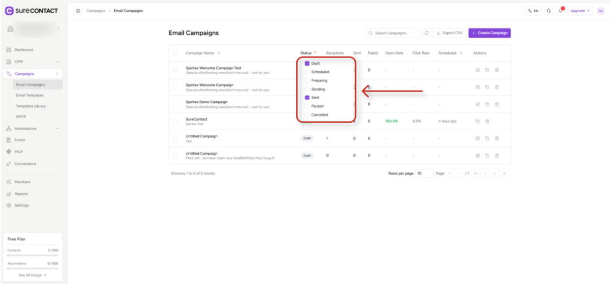 Deleting Sent Campaigns in SureContact email campaigns dashboard view
