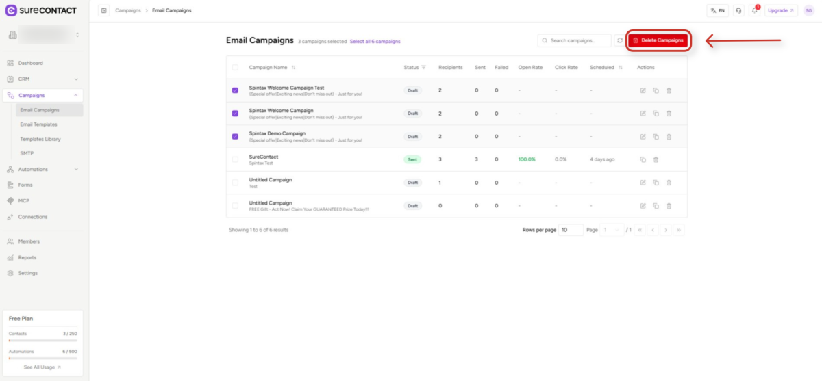 Deleting Sent Campaigns in SureContact email campaigns interface