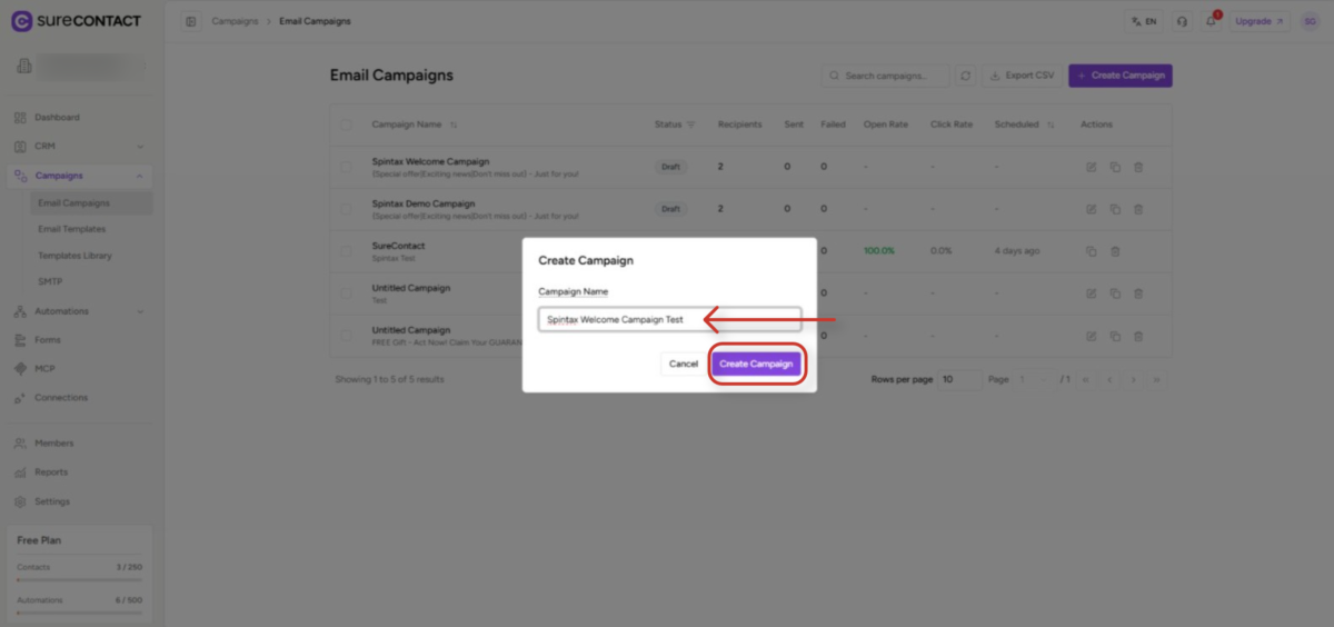 email campaign creation interface