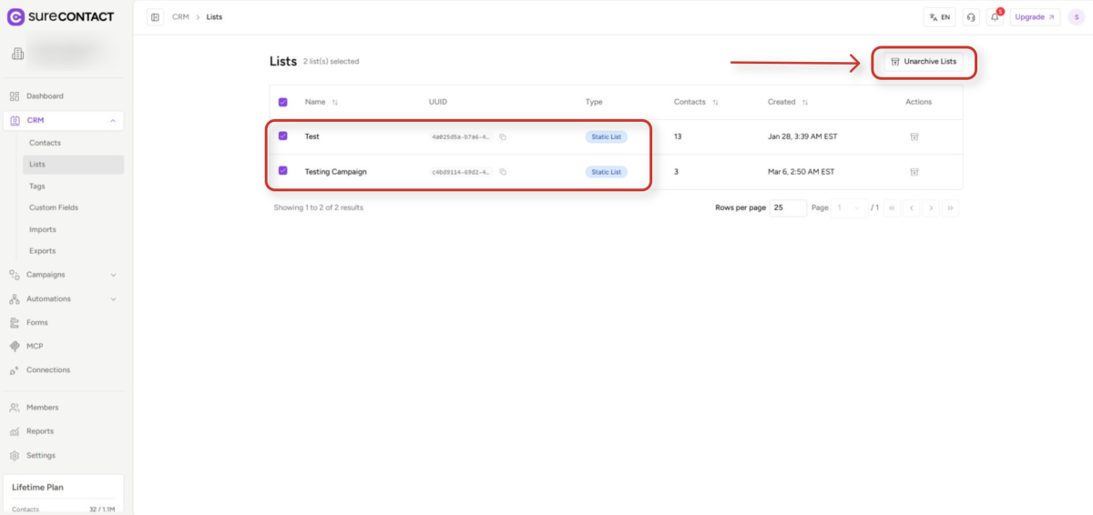 Archiving Lists & Tags Guide crm contact lists dashboard interface