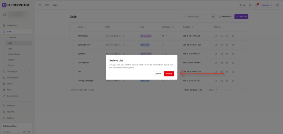 Archiving Lists & Tags Guide crm interface with archive list confirmation modal
