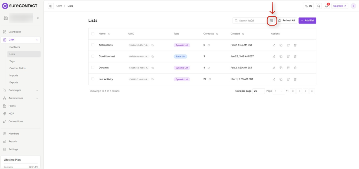 Archiving Lists & Tags Guide crm platform contact lists dashboard interface