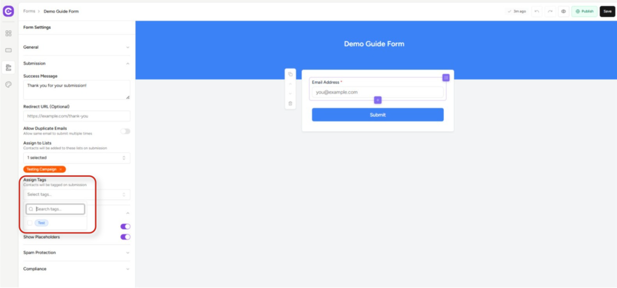 Create Forms & assign lists & tags demo guide form builder interface