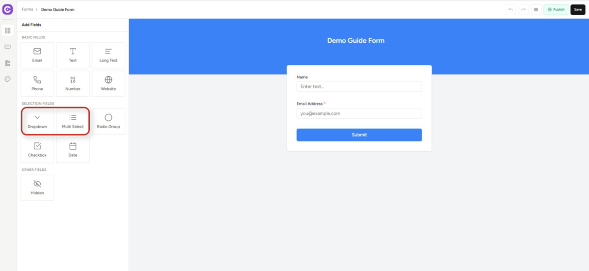 Forms Custom Fields Sync Guide digital form builder interface