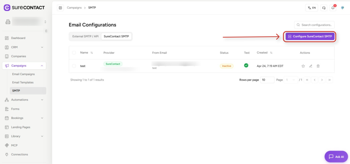 email configurations dashboard for surecontact