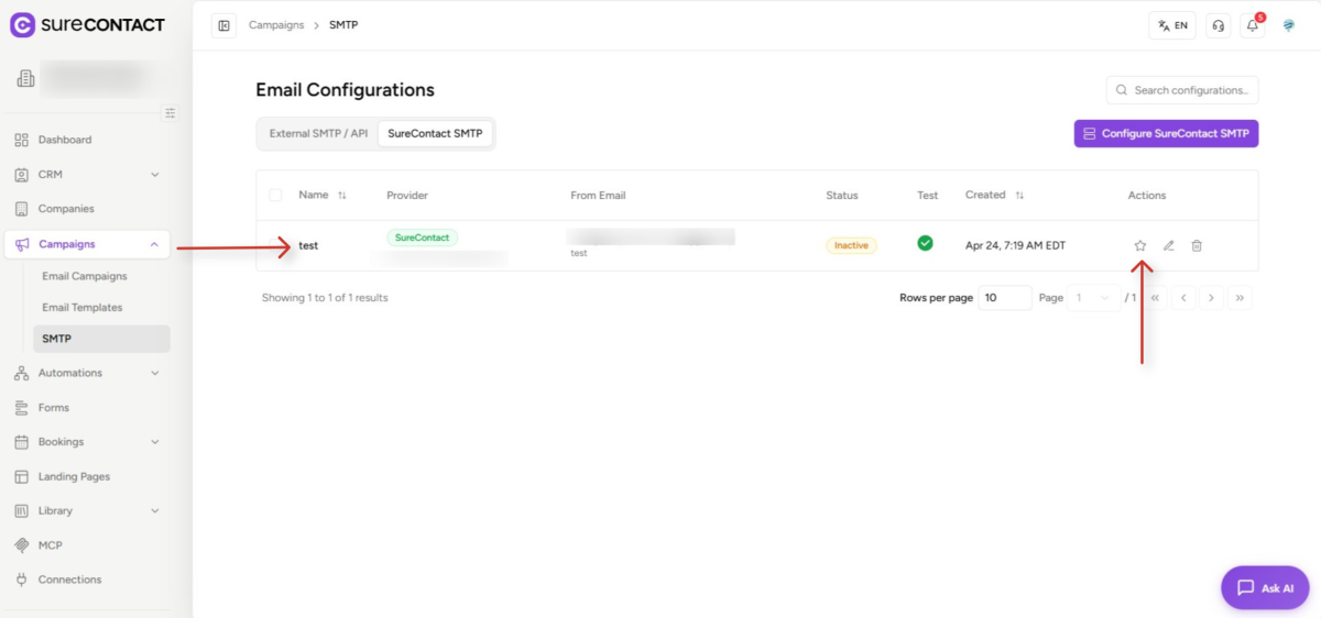 email configurations dashboard in surecontact web interface