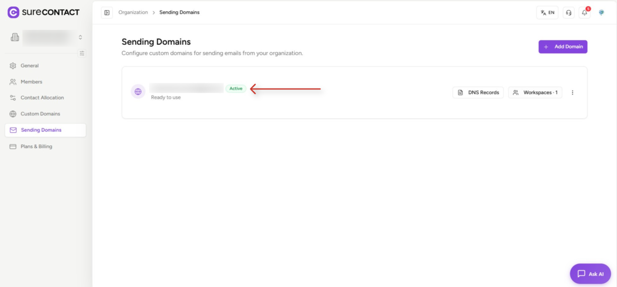 email sending domains management dashboard
