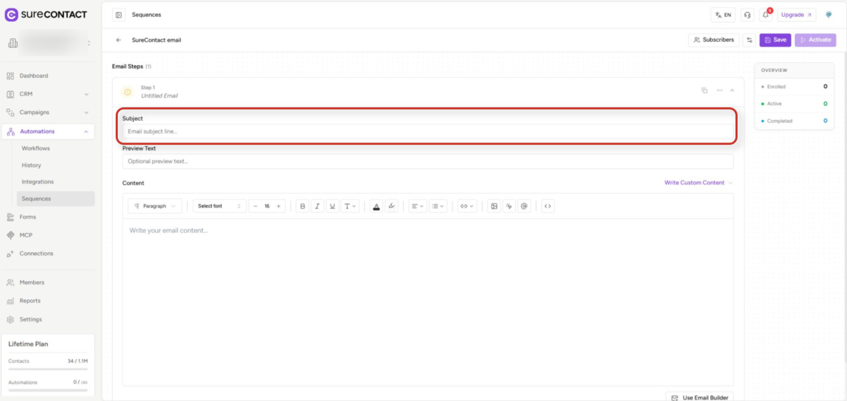Email Sequences Guide email sequence editor interface in surecontact web application