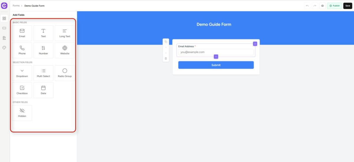 Create Forms & assign lists & tags form builder interface