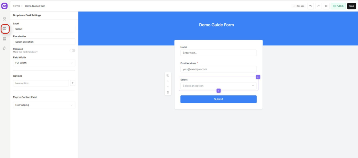 Forms Custom Fields Sync Guide form builder interface for demo guide form