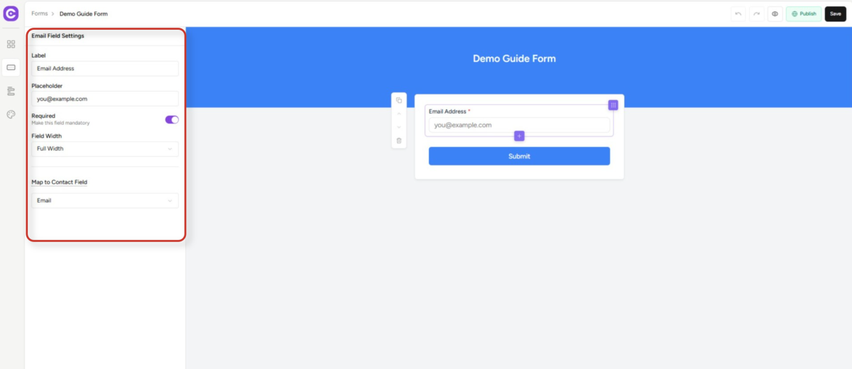 Create Forms & assign lists & tags form builder interface with email field configuration