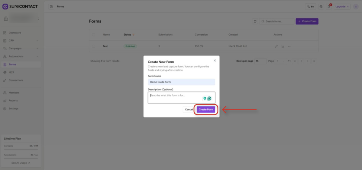 Create Forms & assign lists & tags lead capture form creation interface in surecontact