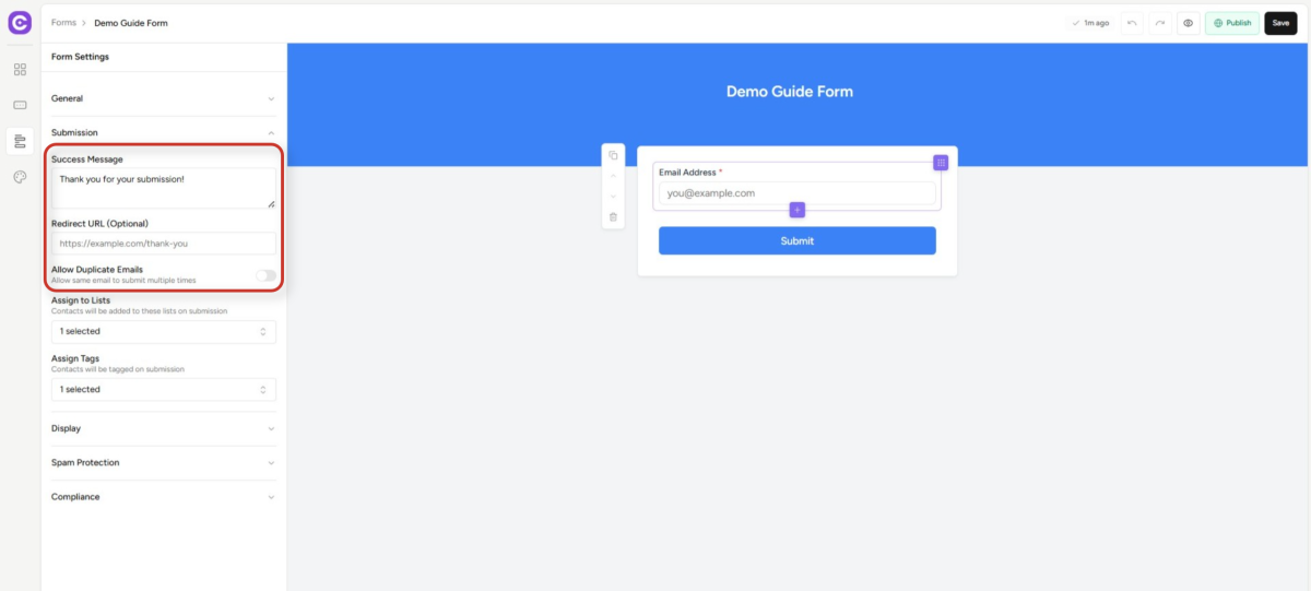 Create Forms & assign lists & tags online form builder interface showing submission settings and layout preview