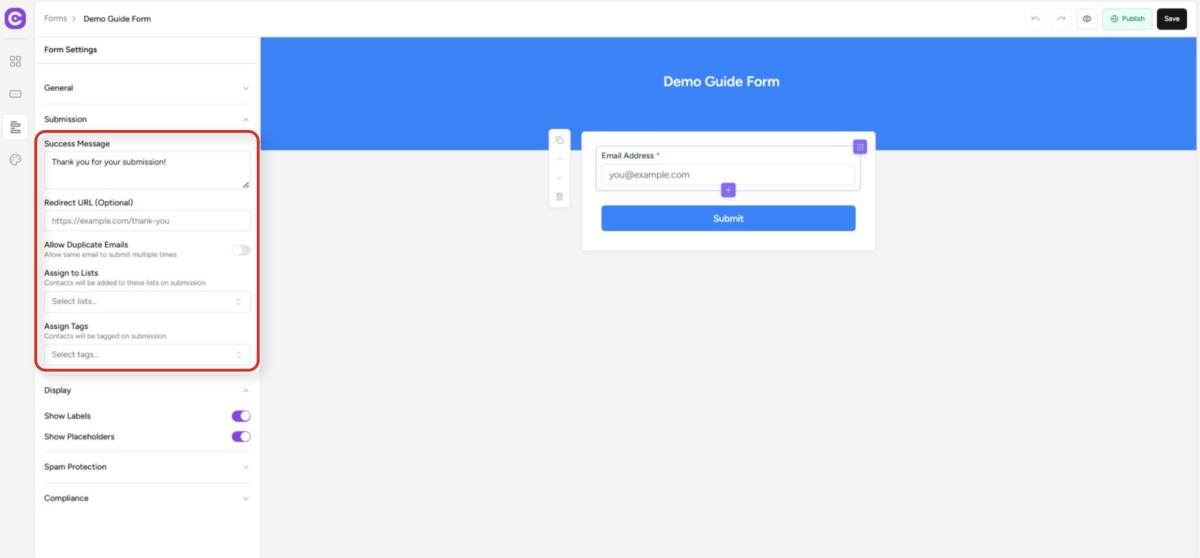 Create Forms & assign lists & tags online form builder interface with settings and preview