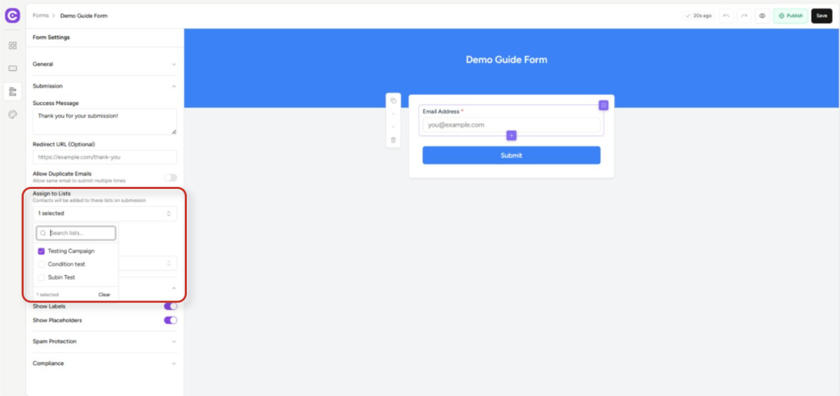 Create Forms & assign lists & tags online form settings interface