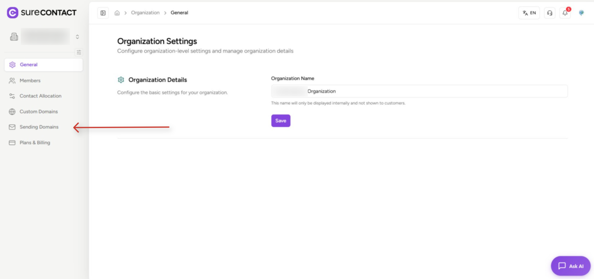 organization settings dashboard for surecontact interface