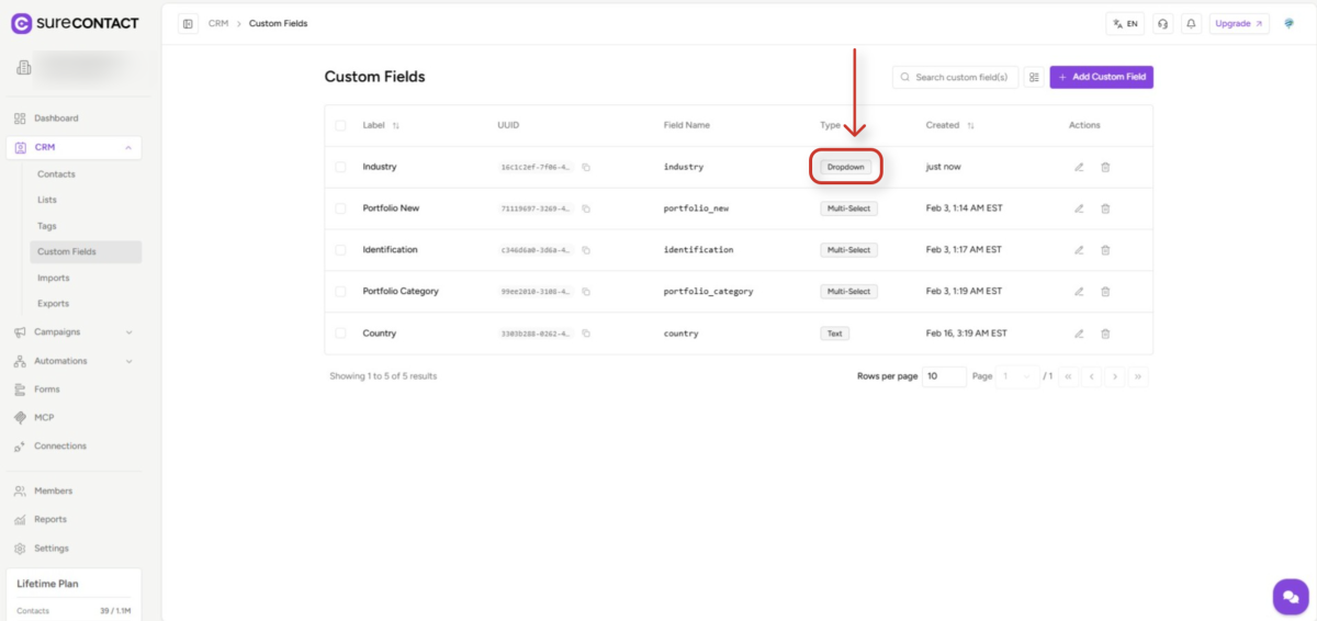 Forms Custom Fields Sync Guide surecontact crm custom fields management interface
