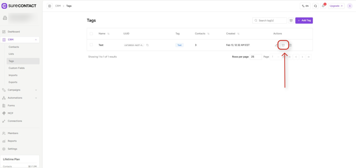 Archiving Lists & Tags Guide surecontact crm tags management interface