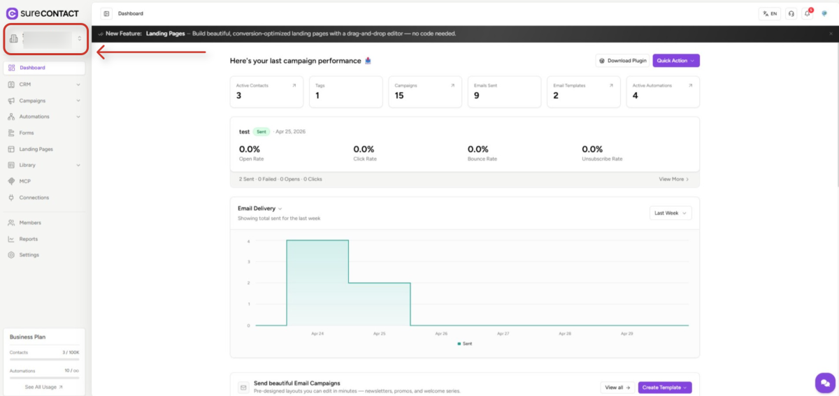 SureContact Organization Workspace Setup Guide surecontact dashboard interface with marketing campaign metrics