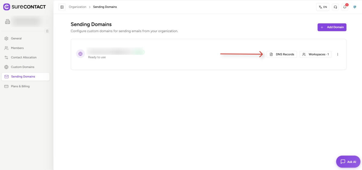 surecontact sending domains dashboard interface