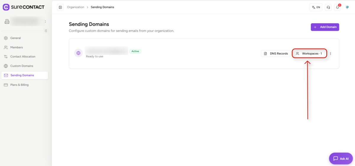 sending domains dashboard in surecontact application