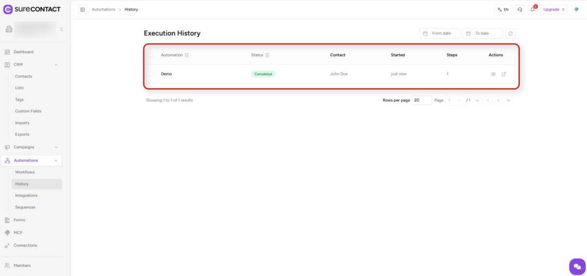SureContact Workflows User Guide surecontact automations execution history dashboard
