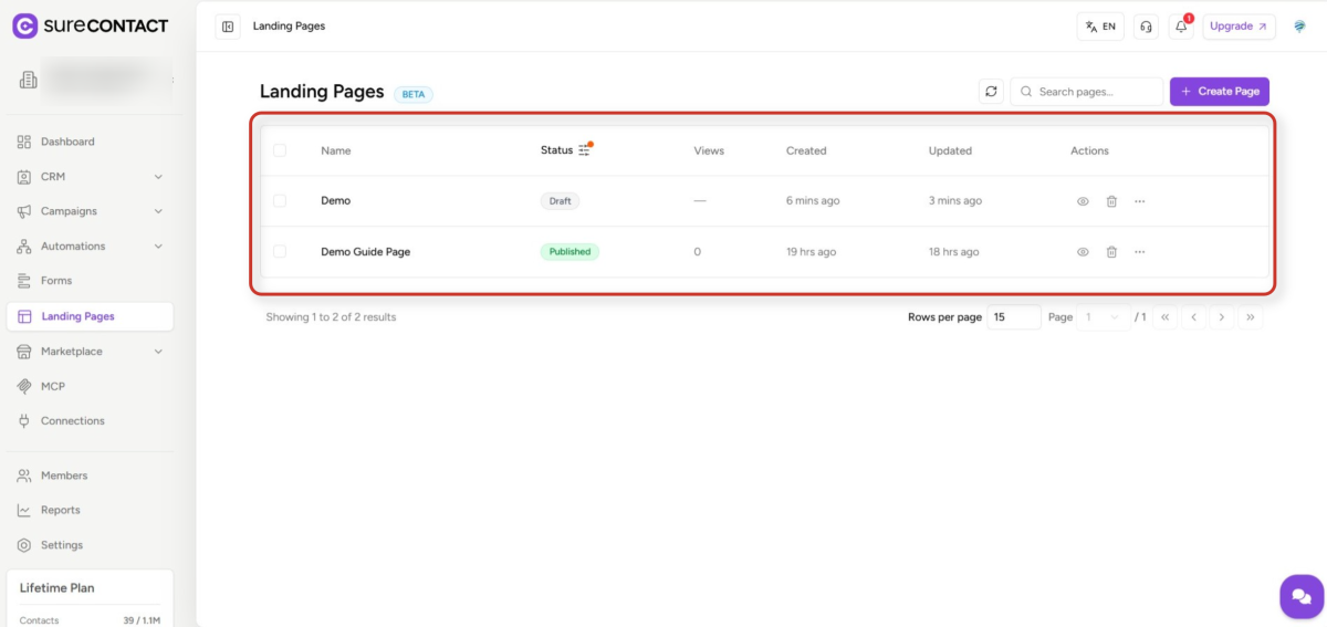 Landing Pages User Flow Guide surecontact landing pages management interface