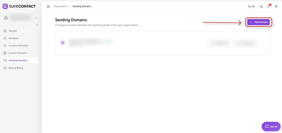 surecontact sending domains configuration dashboard