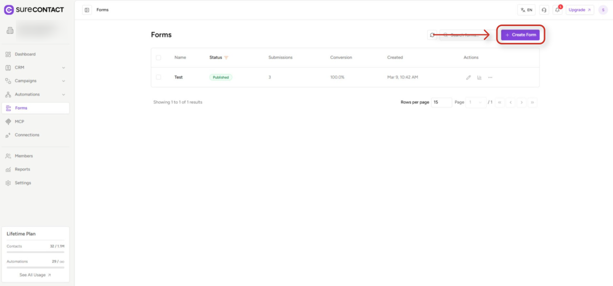 Create Forms & assign lists & tags surecontact forms management interface