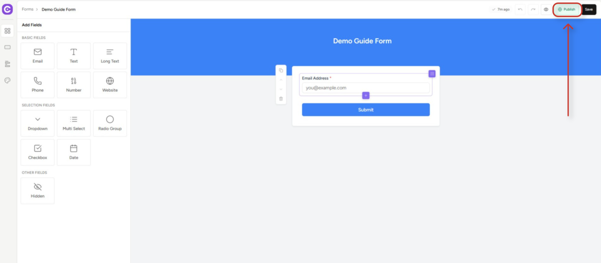 Create Forms & assign lists & tags web application interface for building a form with an email field