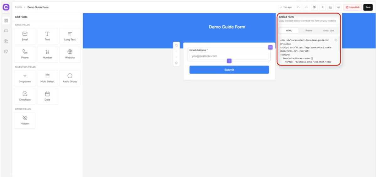 Create Forms & assign lists & tags web form builder interface with embed options