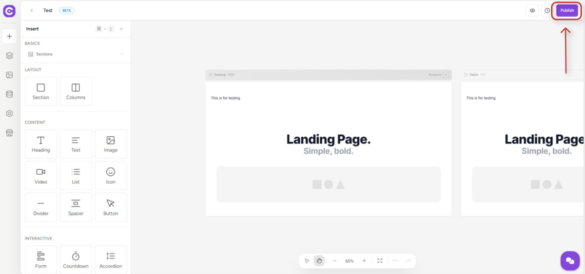 Landing Pages User Flow Guide website builder interface for landing pages