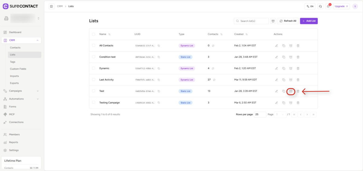 Archiving Lists & Tags Guide surecontact crm lists dashboard