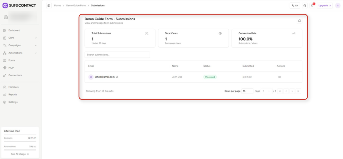 Create Forms & assign lists & tags surecontact demo guide form submissions dashboard (1)