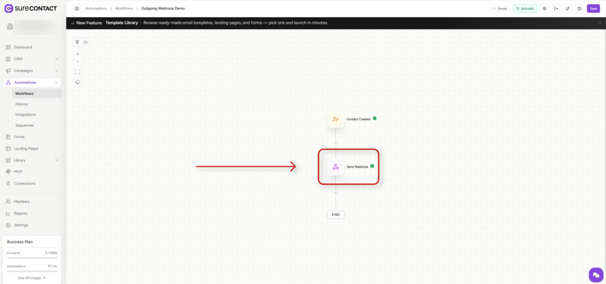 automation workflow builder interface for outgoing webhook demo