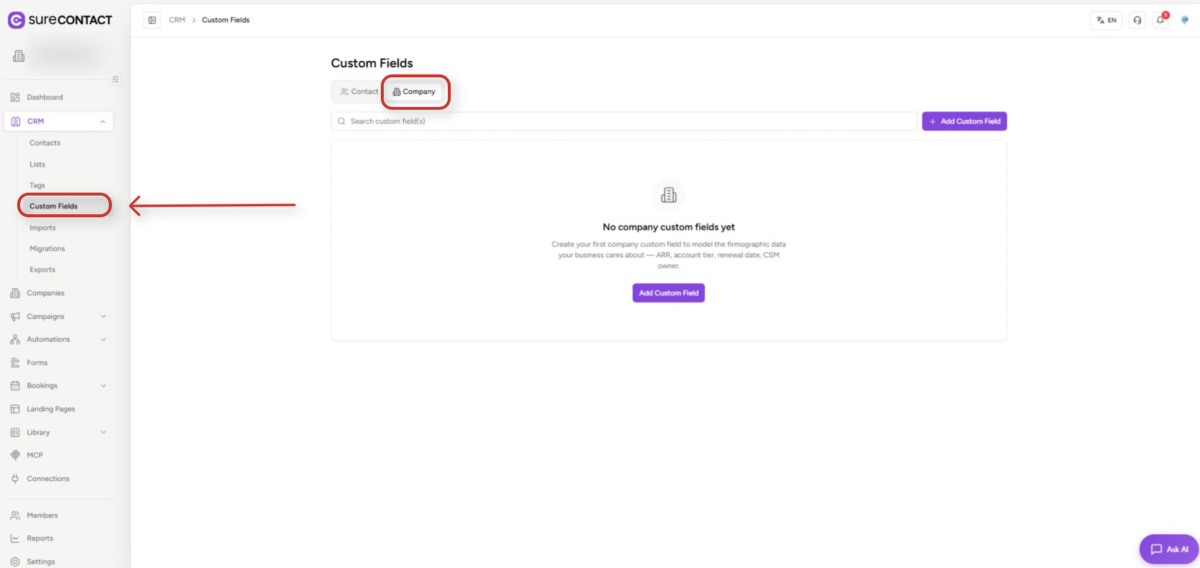 Companies User Flow Guide crm application custom fields management interface